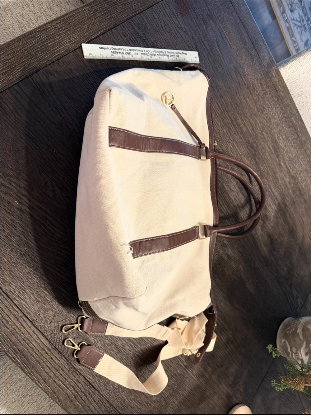 Canvas Travel Tote Bag with Brown Trim - Neutral Beige